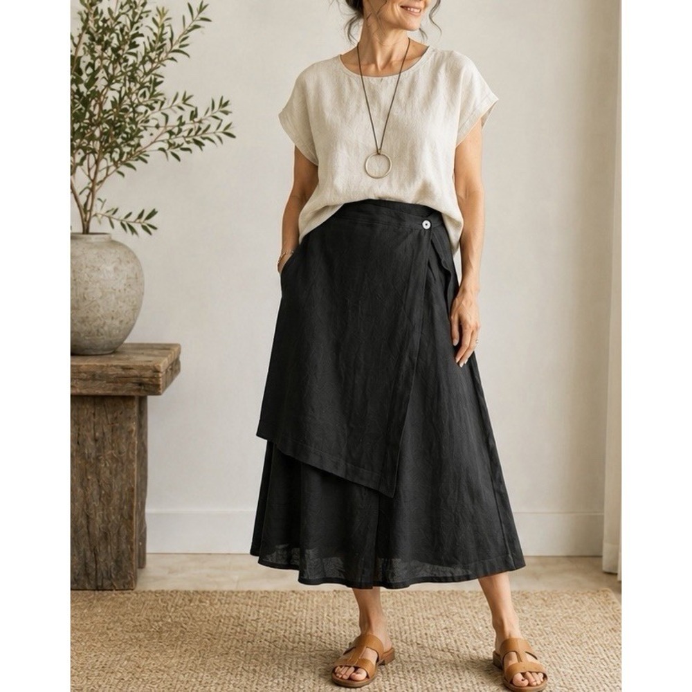 Bryn Walker Charcoal Gray Linen Wrap Skirt L Made USA Artsy Midi